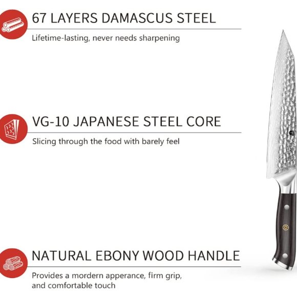 DAMASCUS STEEL "DUO" - VG10 STEEL - JAPANESE STYLE KNIVES w/ HAMMERED TEXTURE - Picture 9 of 14